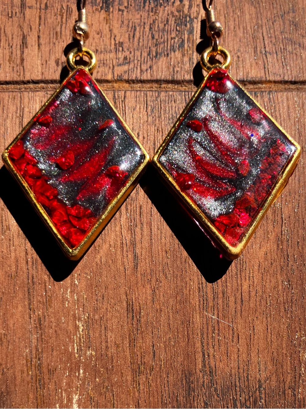 Smokey Red and black diamond dangle earrings with rock accent and gold hardware